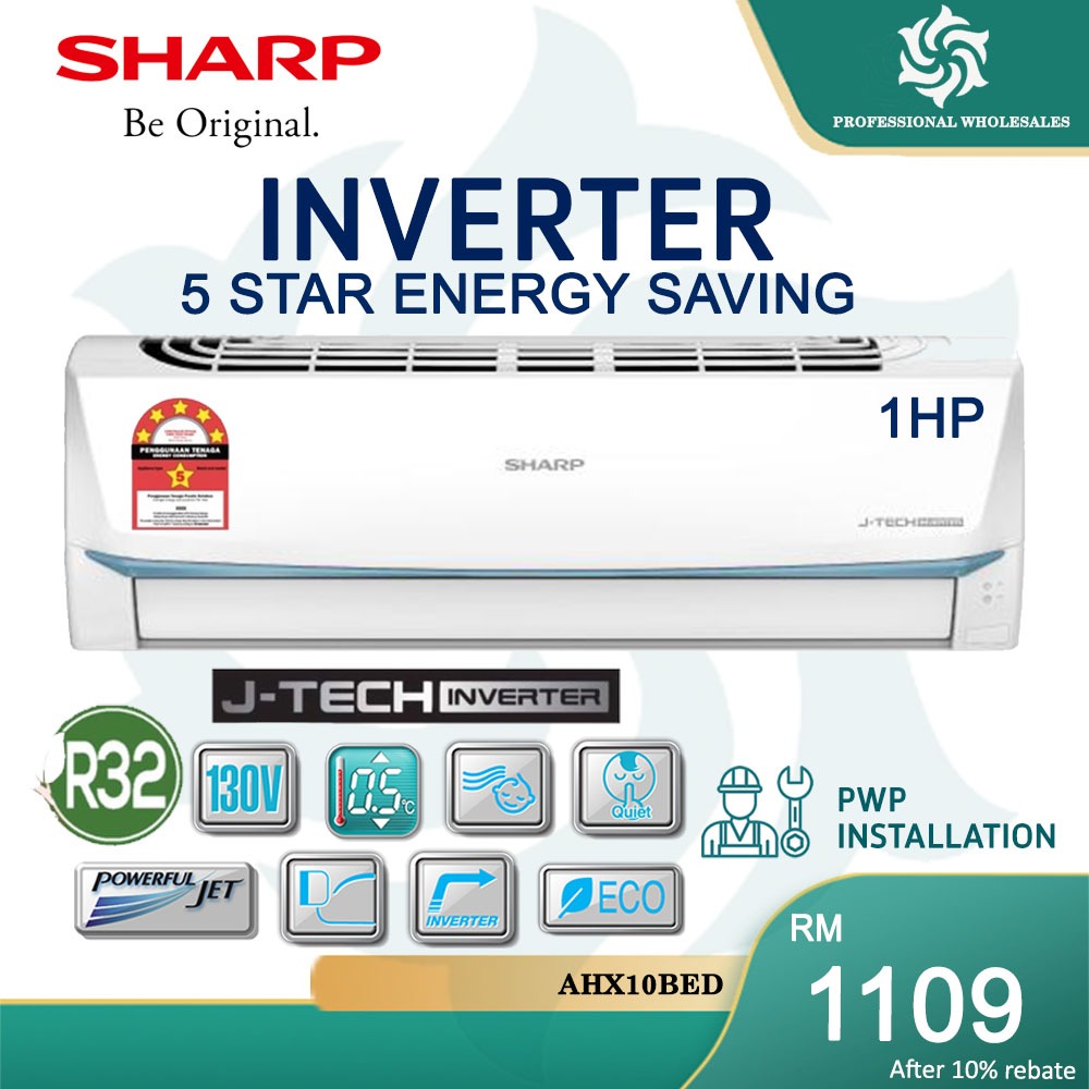 【5 STAR ENERGY SAVING】SHARP 1HP 1.5HP 2HP 2.5HP J-Tech Inverter Aircond 1HP Air Conditioner Powerful