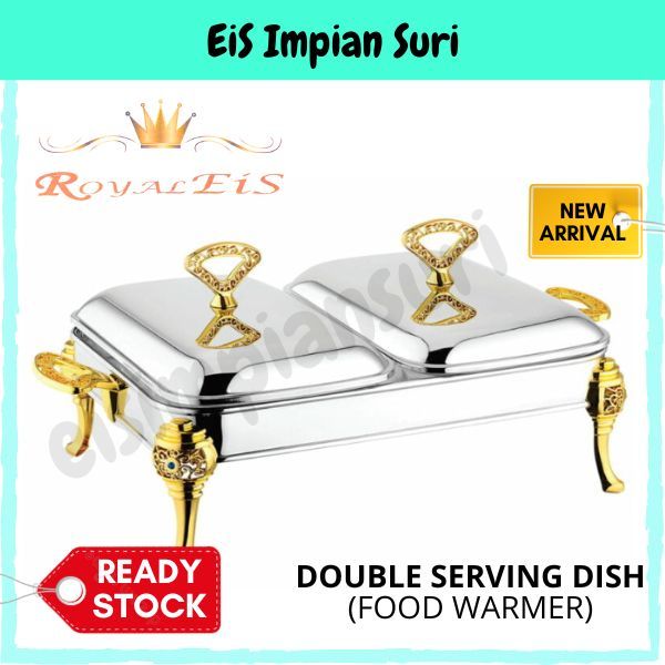 (Ready Stock!!) Royal Eis Blue Diamond Double Rectangle Food Warmer 2x1.8L Serving Dish Gold Party Set Tableware