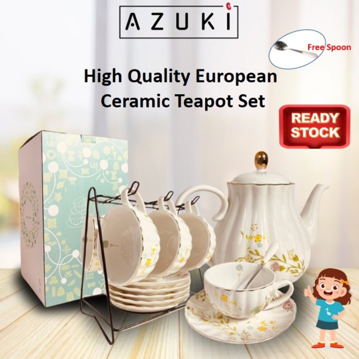 AZUKI Premium Ceramic Tea Pot Coffee Pot European Ceramic Vintage Teapot with Gold Edge Flower Elegant Design Good Gift