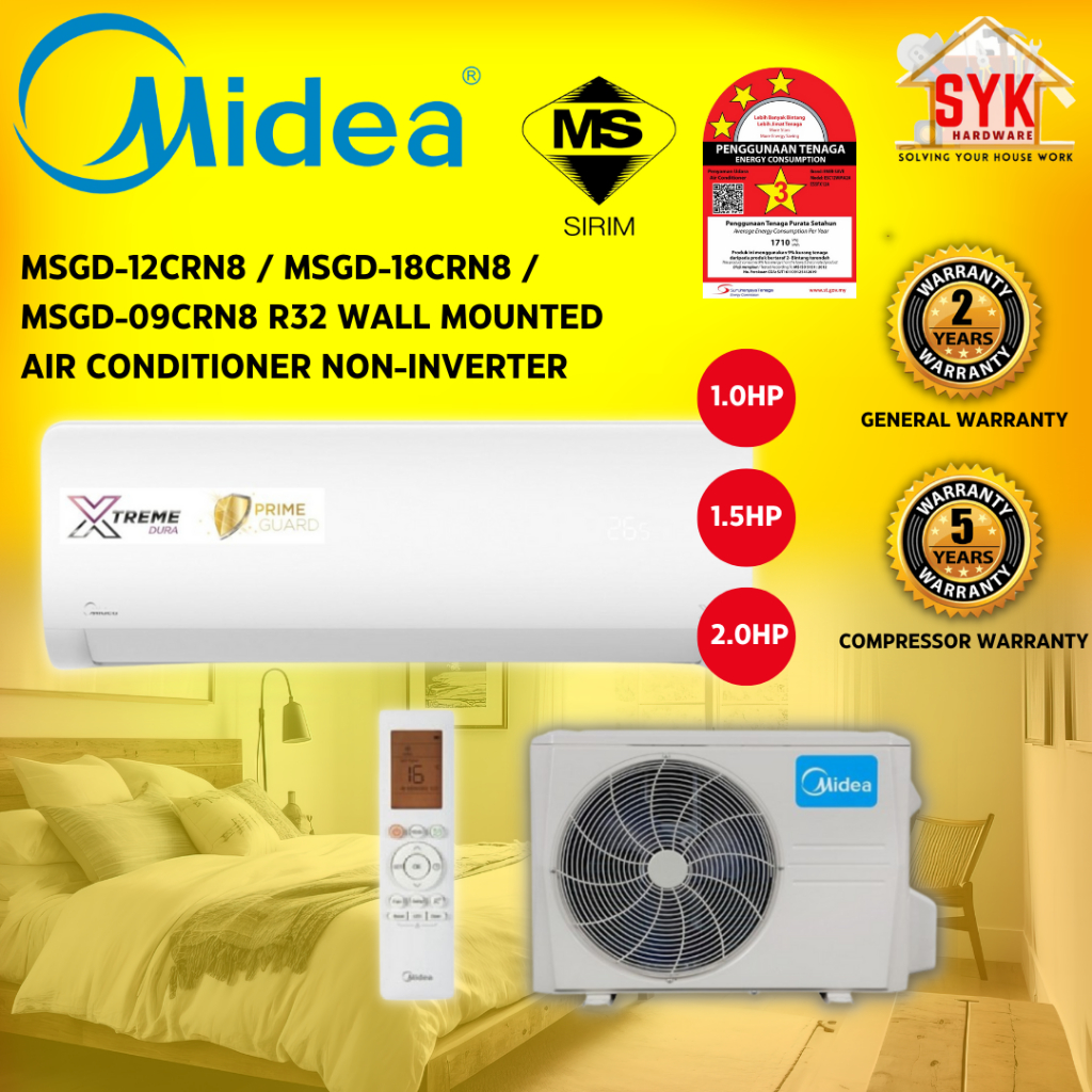 SYK MIDEA 1Hp MSGD-09CRN8 1.5Hp MSGD-12CRN8 2Hp MSGD-18CRN8 Xtreme Dura R32 Air Conditioner Aircon Penghawa Dingin