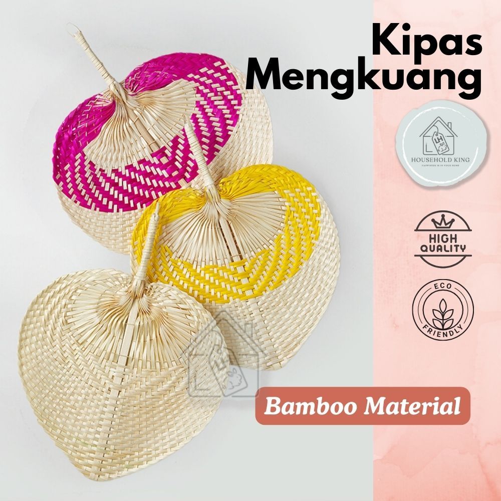 Kipas Tangan Mengkuang Tradisional Kipas Sate Satay Tangan Kipas Buluh Bamboo Anyaman Berwarna Decor Perhiasan Hand Fan