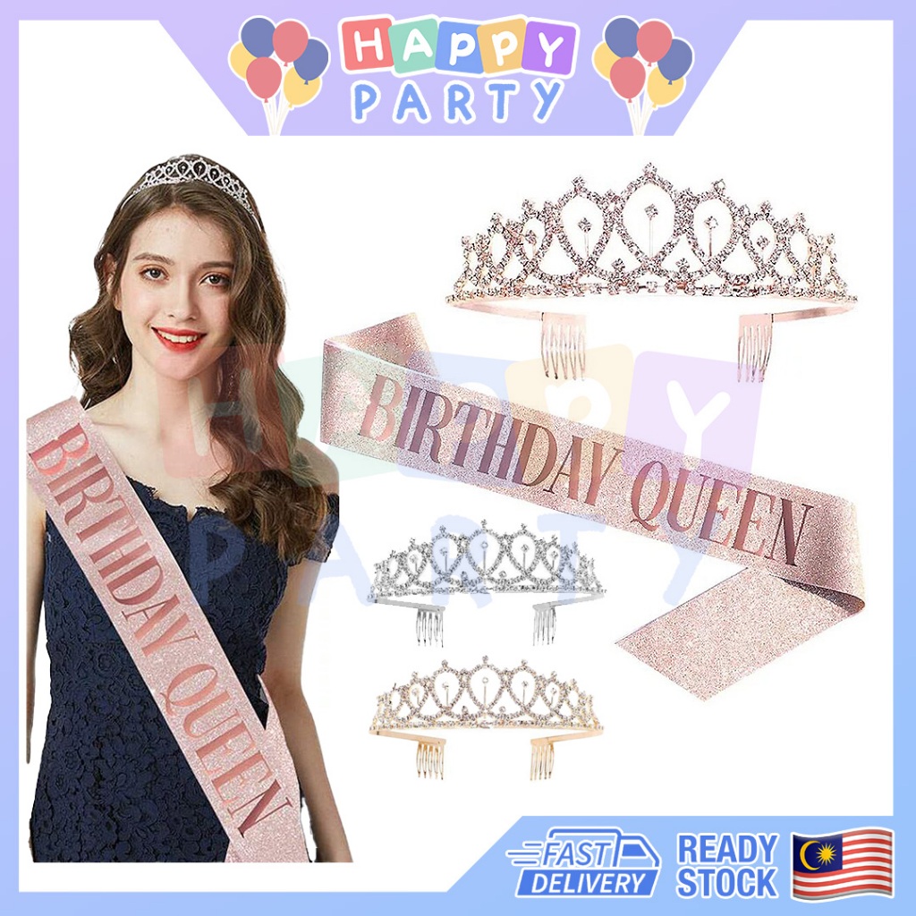 ?READY STOCK?Party Sash Queen Birthday Queen Sash Birthday Girl Sash Party Decoration Birthday Princess Rhinestone Crown