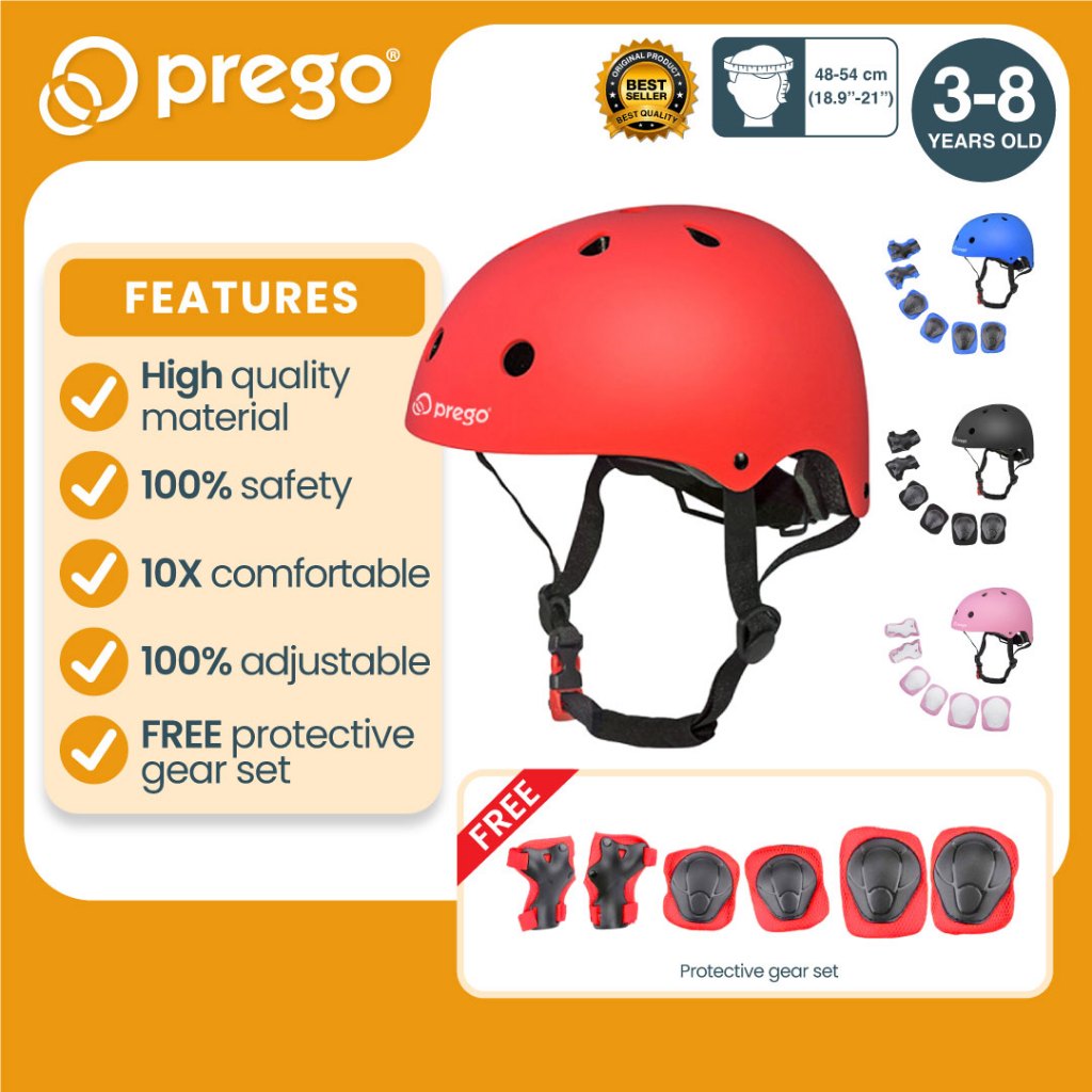 Prego Baby Bike Helmet Kids Safety Protective Gear Knee Wrist Elbow Pads Topi Keledar Basikal Kanak