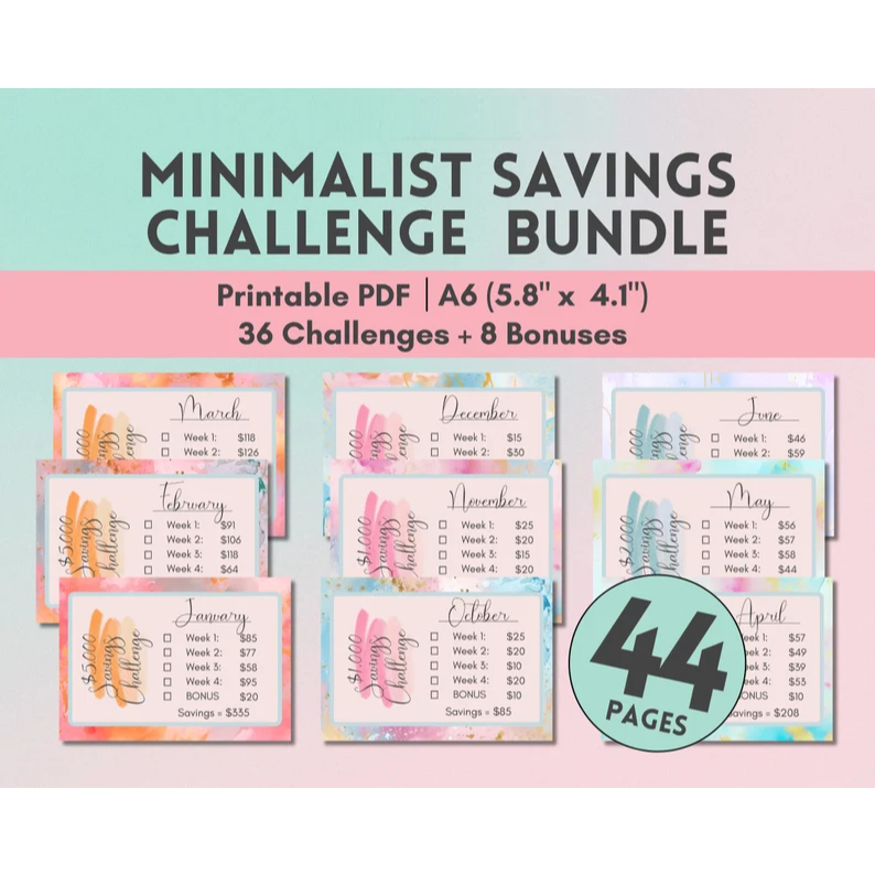 [C111] Minimalist A6 Money Saving Challenge Bundle Savings Tracker Low Income Mini Saving Challenges Printable Cash Budg