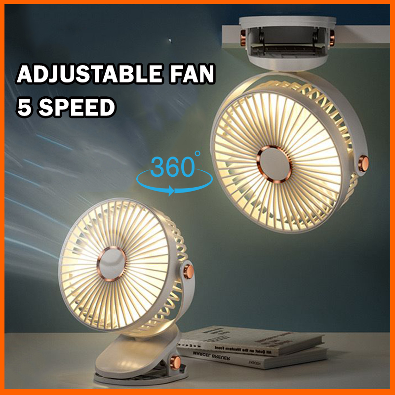 720° Spin Kipas Mini 5 Speed Clip Fan Mini Fan Portable Fan Table Fan Desktop Fan Hanging fan Rechargeable Strong Wind