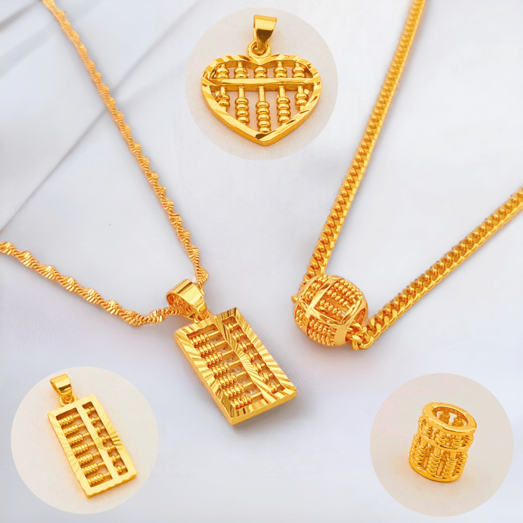 Rantai Leher Loket Sempoa Rantai Emas Korea Emas Bangkok Cop 916 Gold Necklace Abacus Pendant 算盘项链