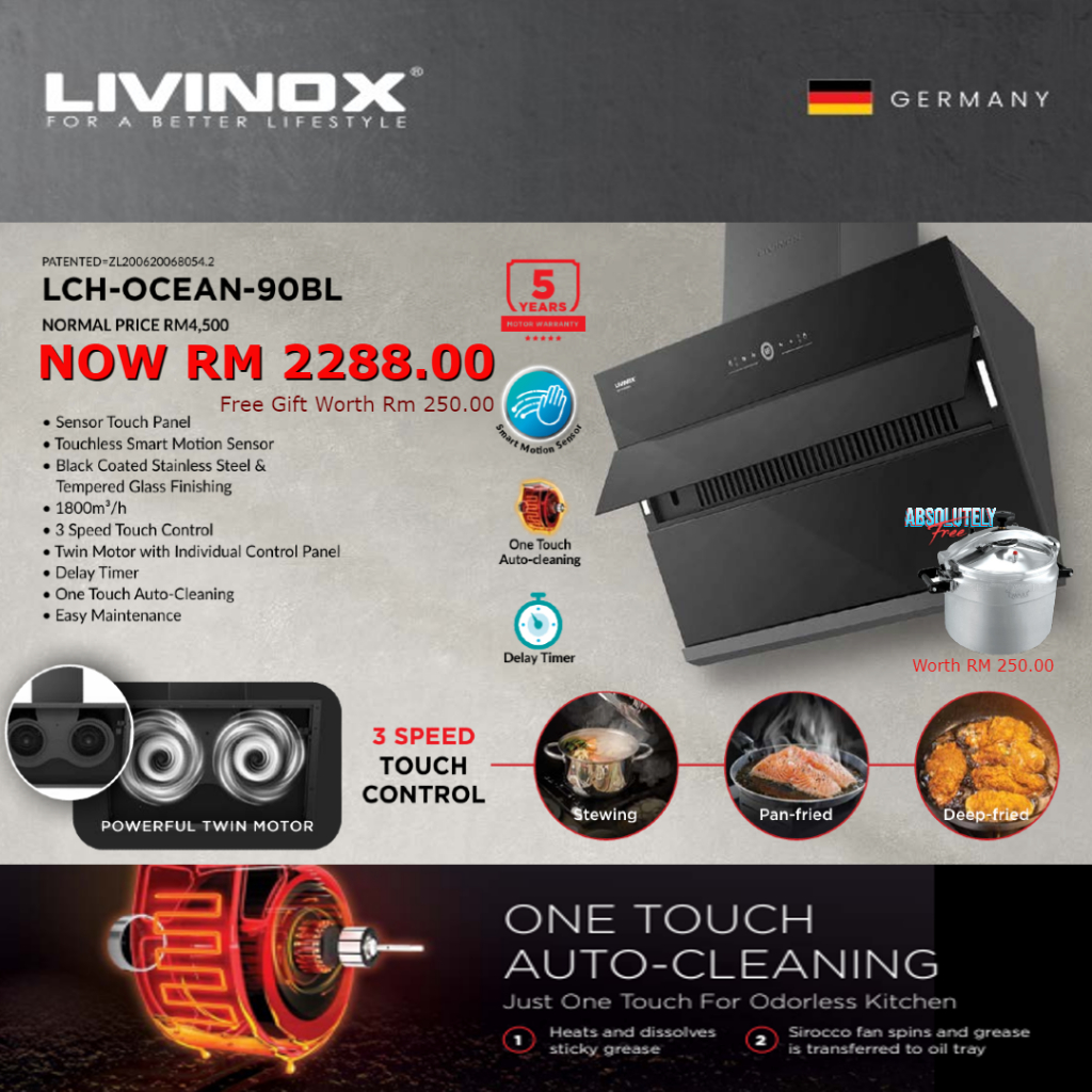 LIVINOX LCH-OCEAN-90BL Cooker Hood/Penyedut Asap Dapur/Penyedut Minyak Dapur/GRP0445