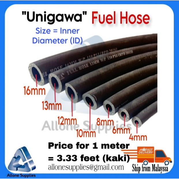 " Unigawa " Fuel Hose [1 meter] , Oil Hose , Petrol Hose , Diesel Hose 10 Bar 4mm, 6mm, 8mm, 10mm, 12mm, 13mm, 16mm .