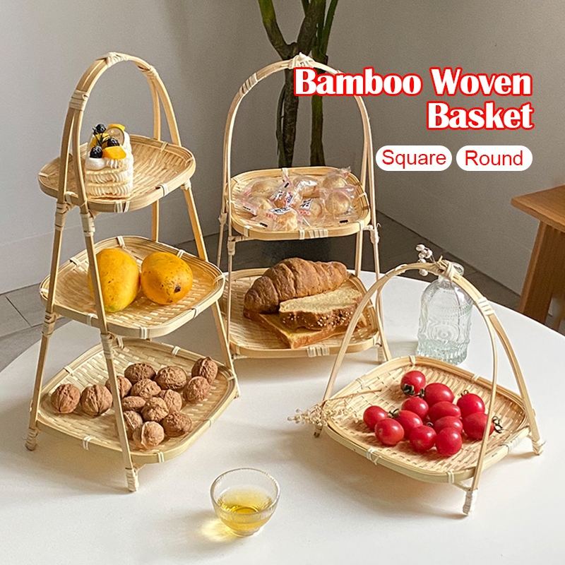 ?Portable Bamboo Basket Bamboo Tray Kitchen 1/2/3 Food Rack Bakul Rotan Murah Layer Handwoven Basket Bakul Bawang 纯手工竹篮