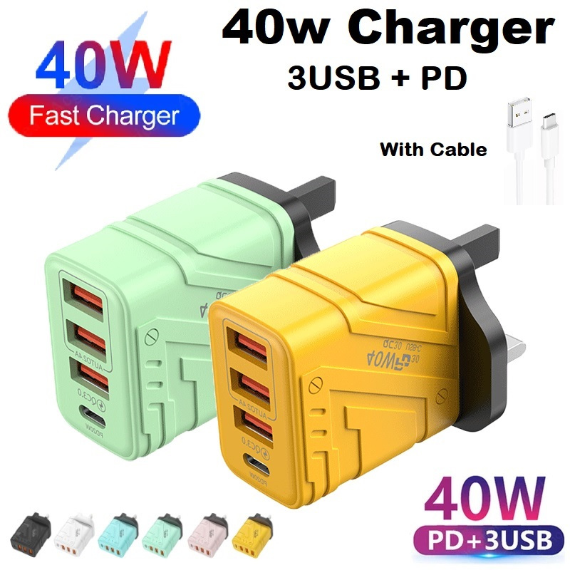 40w Fast Charger 3USB+PD Fast Charging Adapter With Cable For Ip Samsung Huawei Oppo Vivo Xiaomi Realme Infinix