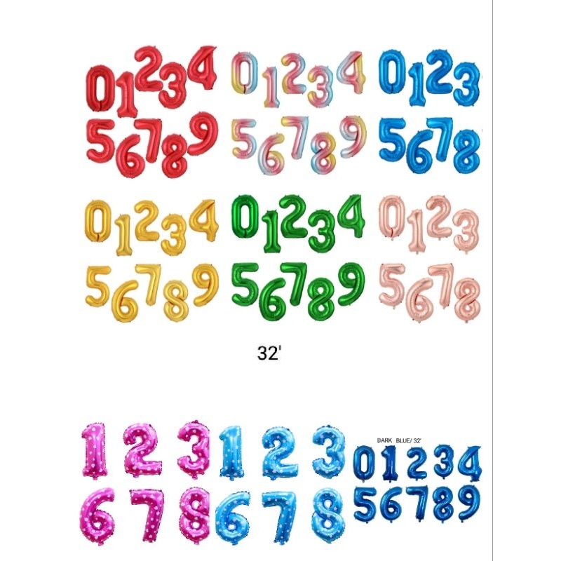 32 inchi 0-9 GOLD SILVER BLUE huruf number 32 ' BALLON FOIL HELIUM SUPPORT