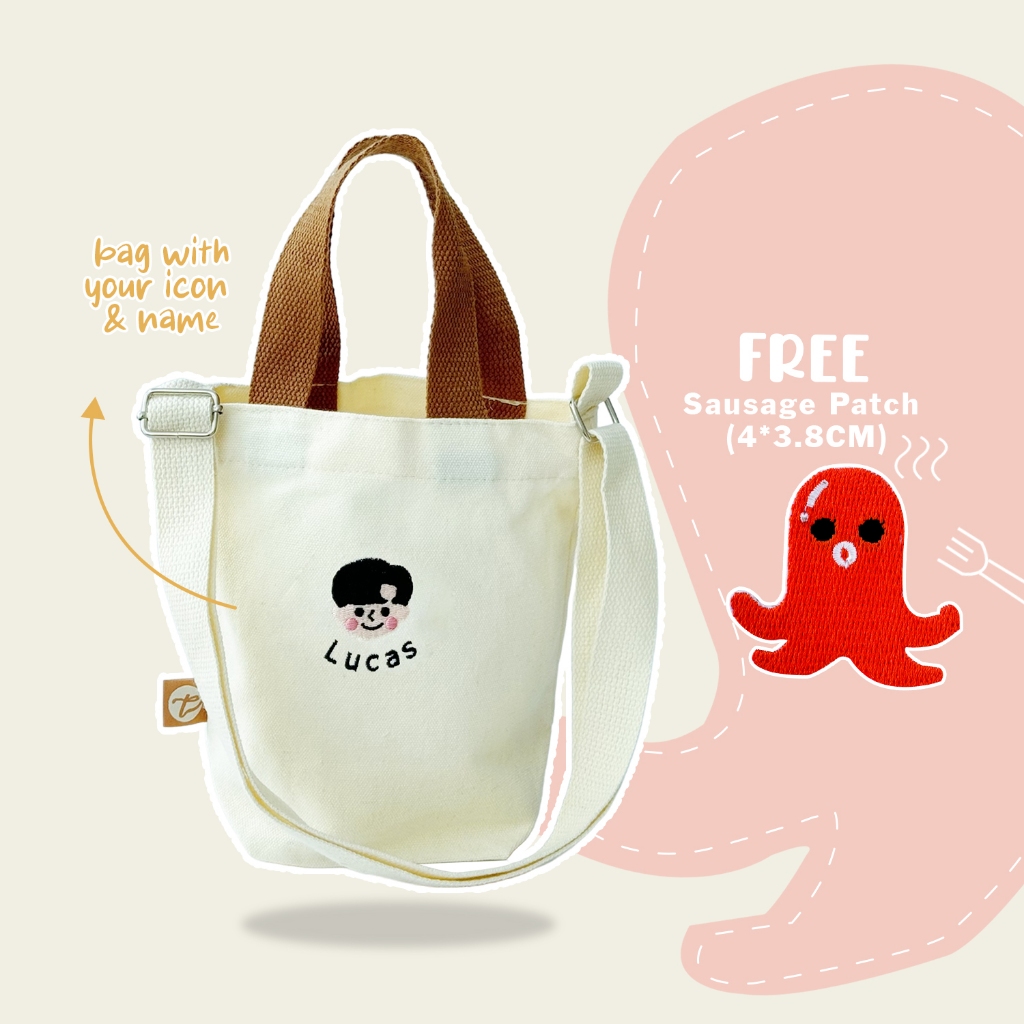 Kids Children Personalised Name Embroidery Crossbody Shoulder Sling Canvas Tote Bag Custom Beg Budak