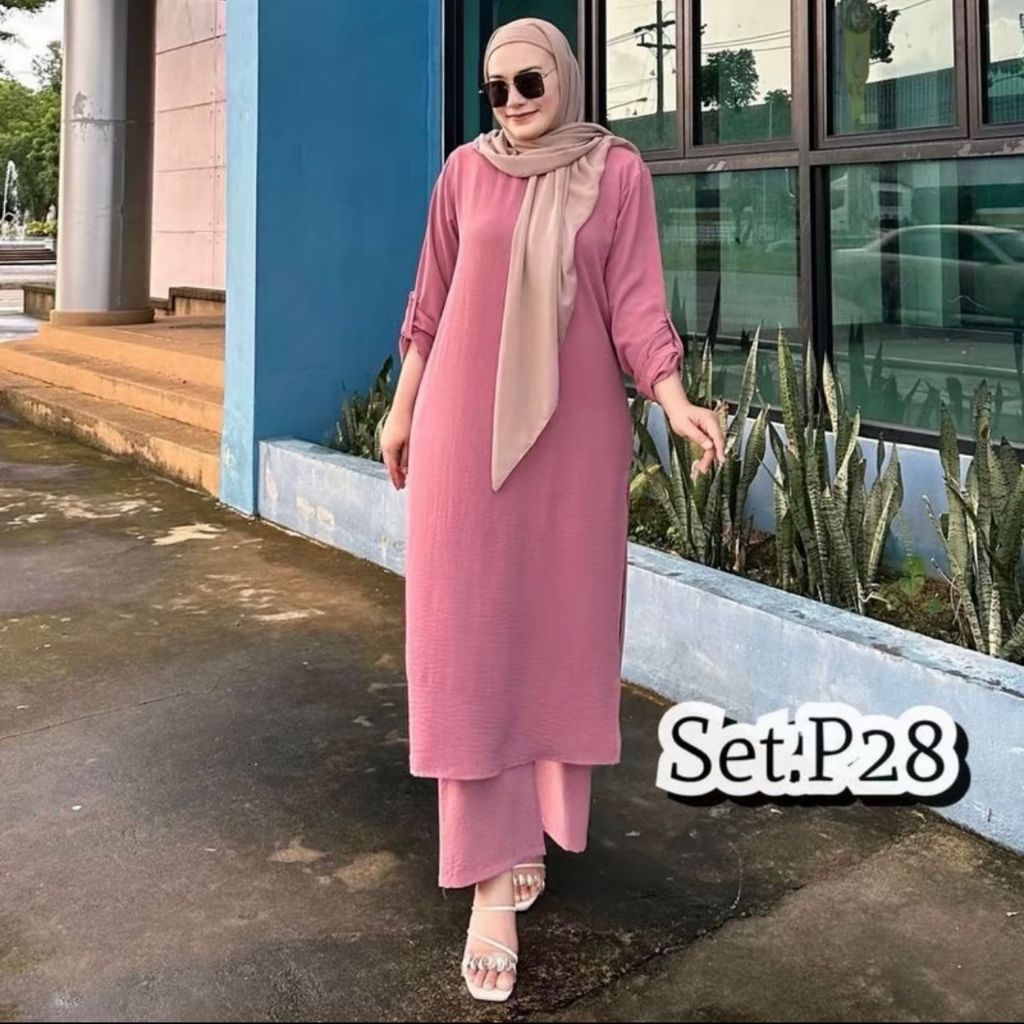 New Suit Set Muslimah (Seluar Palazo) Kain CEY IRONLESS PLAIN Wanita tiada butung lengan