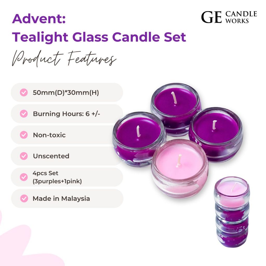 [ADVENT] GE Candle Works 4pcs Unscented Palm Tealight Glass Candle Set (3 Purple & 1 Pink)