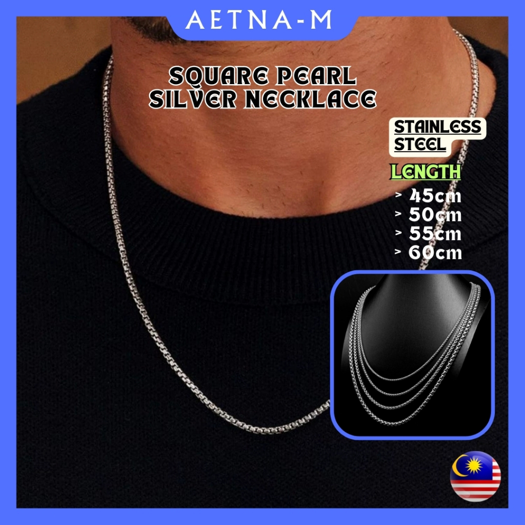 Square Pearl Silver Stainless Steel Necklace Chain Men Women Kalung Anti Karat Rantai Leher Lelaki Wanita Swag 方珍珠项链