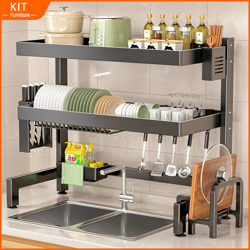 Kit Rak Pinggan Sinki Mangkuk Stainless Steel Rak Dapur Drying Rack Dish Kitchen Organizer Rack Sink Dish Drainer