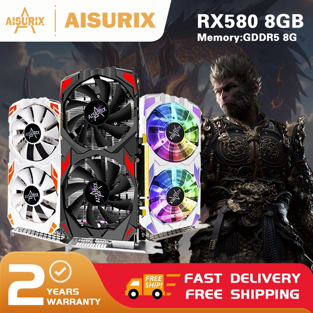 AISURIX Brand New Graphics Card RX 580 8GB AMD Radeon Computer GPU Video Card For Gaming Black Myth Wukong Work Office