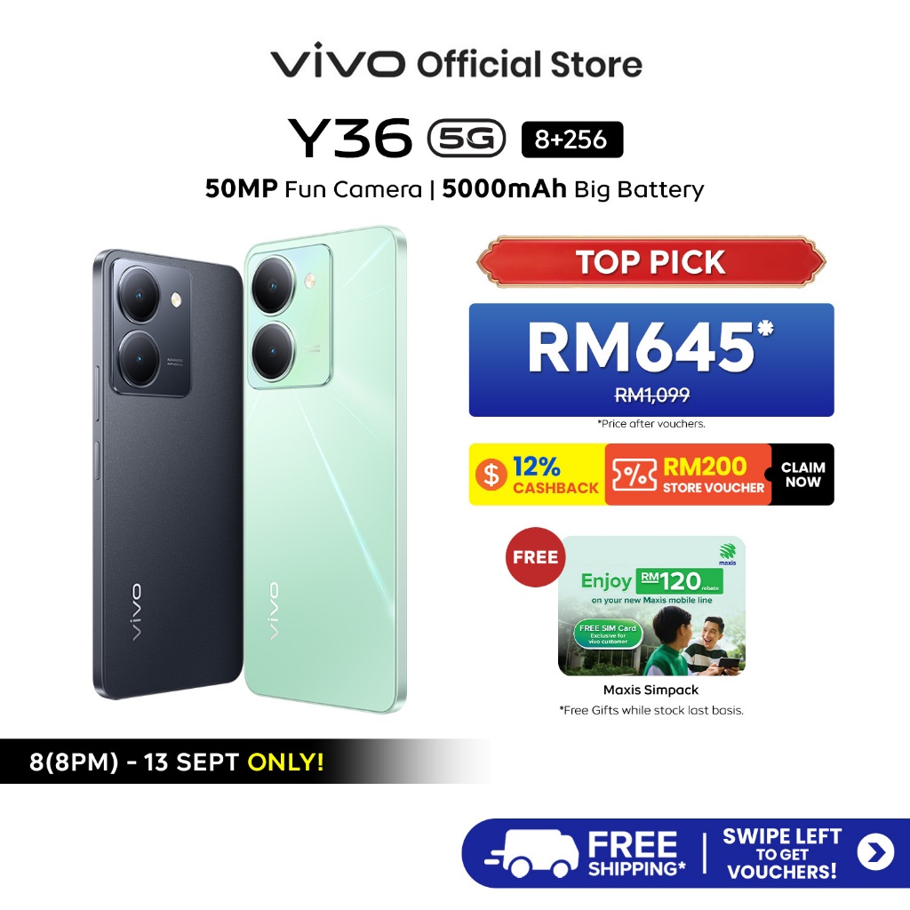 vivo Y36 5G Smartphone (8+8GB EXTENDED RAM+256GB ROM/44W FlashCharge/5000mAh/50MP Fun Camera/6.64" FHD+ Datch Display)