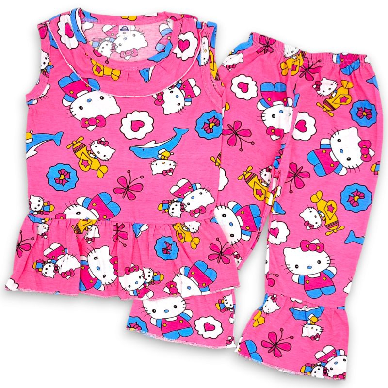 Brand Sushmi Full Printed Girl Pyjamas Doll Kids Budak Cotton Dress Short Sleeve Long Pant Set Baju Tidur Sleepwear