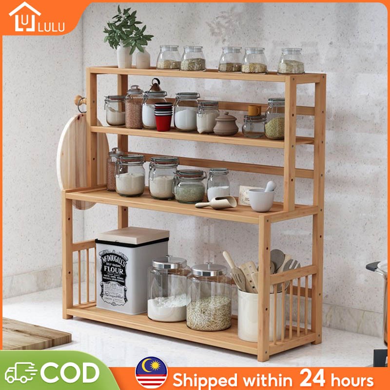 LULU Rak Dapur Kayu 2/3/4Layers Bamboo Kitchen Rack Rak Rempah Ratus Dapur Wooden Spice Rack 廚房收納架