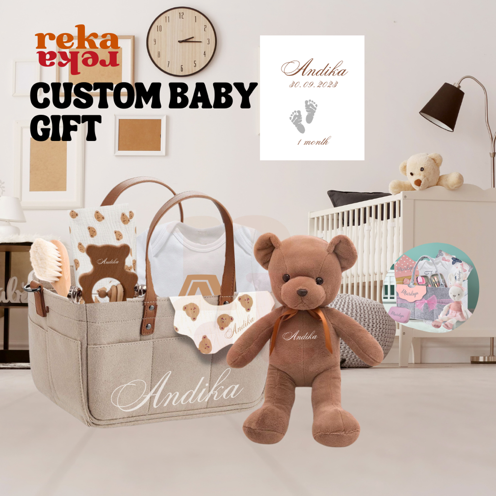 REKA Custom Gift Baby Newborn Present Mom Idea Romper Plushie Soft Toys Name Bag Swaddle Muslin Comb Brush Paint Cute