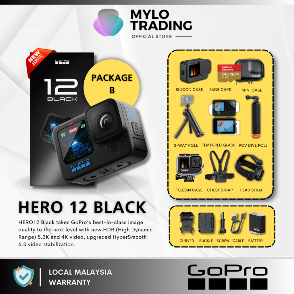 (NEW LAUNCH) - GoPro HERO 12 Black / HERO12 | 5.3K60 | 27MP | Hypersmooth 6.0 | 10-Bit HDR Video Action Camera