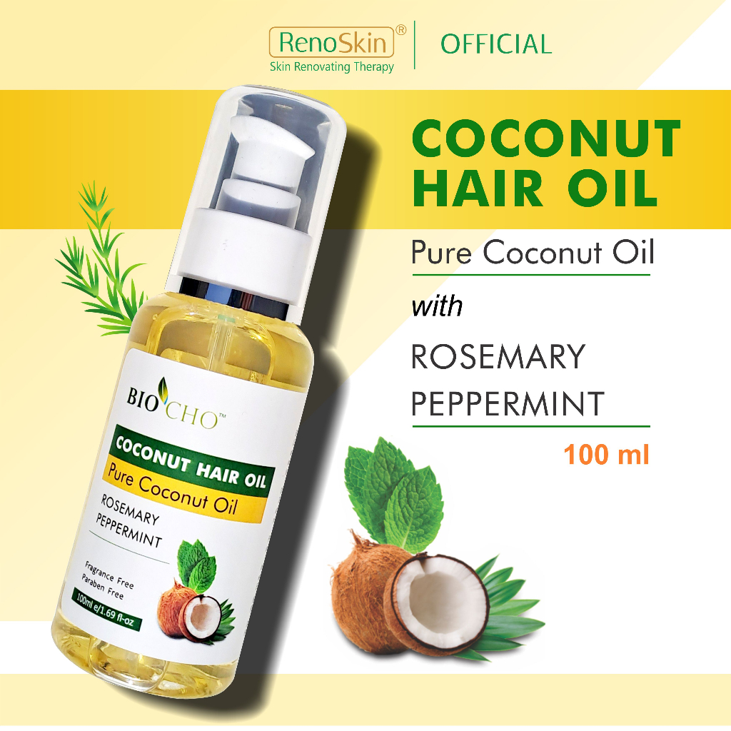 COCONUT HAIR OIL with Rosemary + Peppermint – Minyak Rambut Kelapa – Pelebat Rambut & Kelemumur