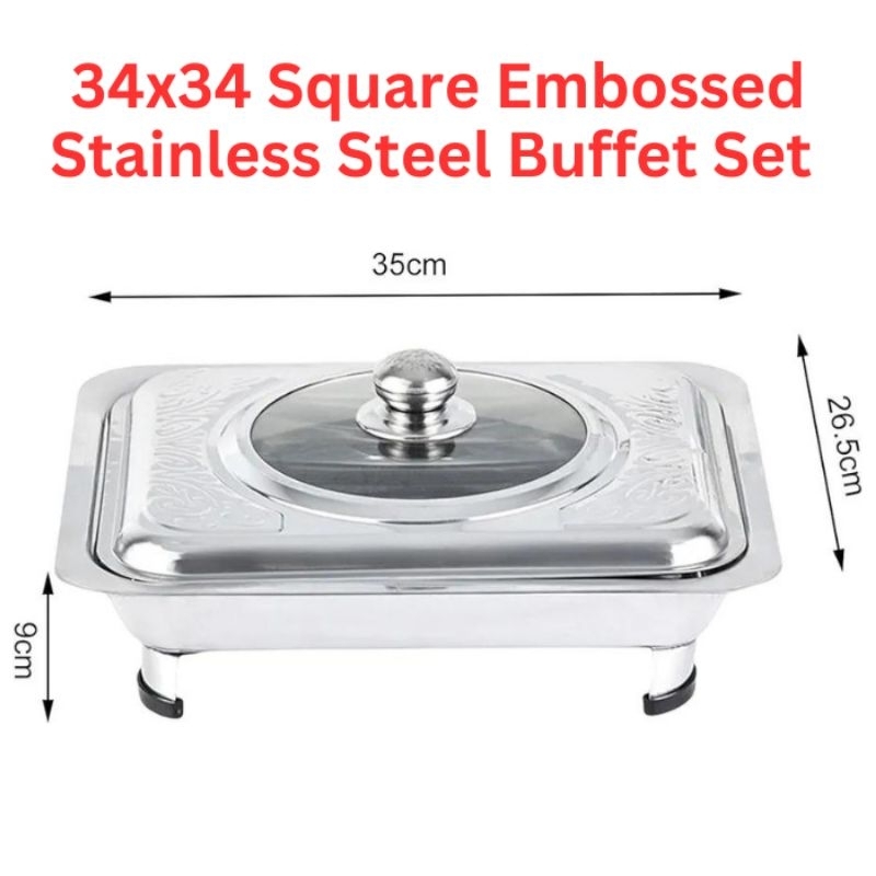 1 Set 34x34 Square Embossed Stainless Steel Buffet Set Catering Serving Tray Food Pan Warmer
