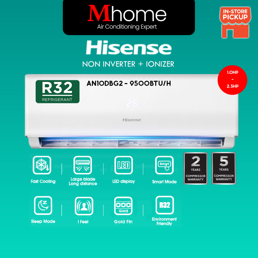 (NEW)Hisense Air Conditioner Non Inverter + ionizer R32 AN-DBG Series 1.0hp / 1.5hp / 2.0hp / 2.5hp Air Cond