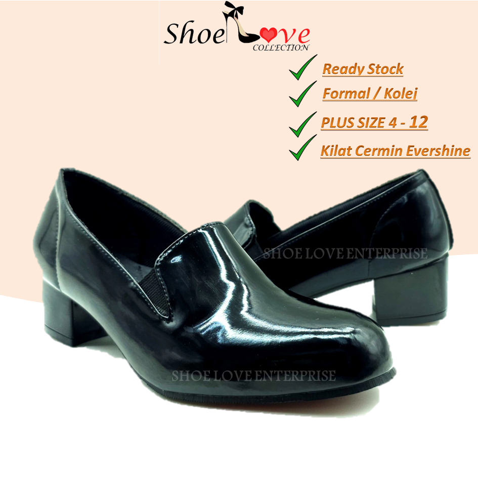 KASUT POLIS TUMIT KILAT WANITA PDRM LADIES SHINY EVERSHINE BLACK HEEL SHOE PLUS SIZE AVAILABLE KASUT NO 3