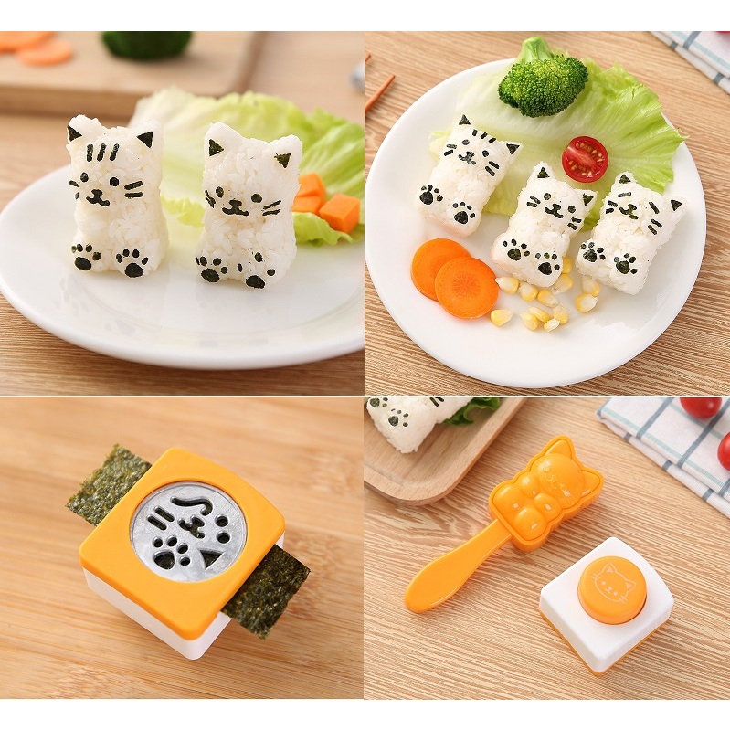 Cute Cat Rice Ball Mold with Seaweed Cutter Cartoon Rice Ball Mold Set