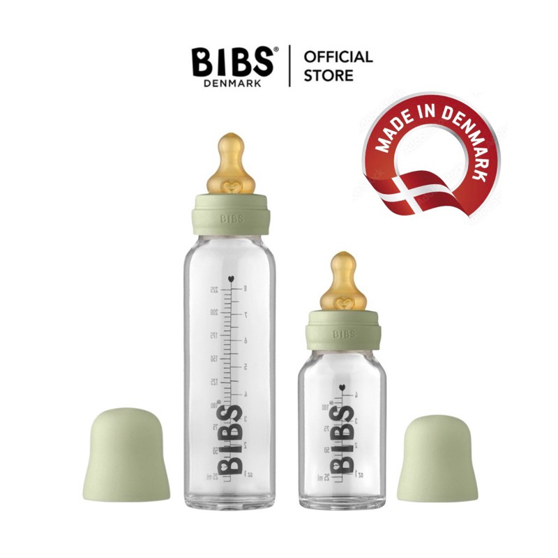 BIBS Baby Bottle Set Glass Material Rubber Latex Nipple Head 110ml / 225ml Capacity (Made in Denmark)