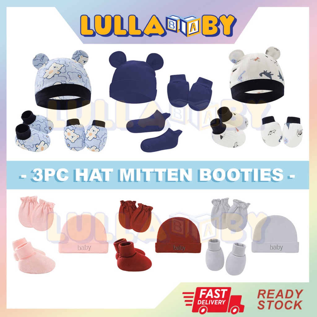 READY STOCK3pcs Set Newborn Baby Hat Baby Mittens Booties Set Baby Anti-Scratch Gloves Infant Beanie Cap Bayi Sarung