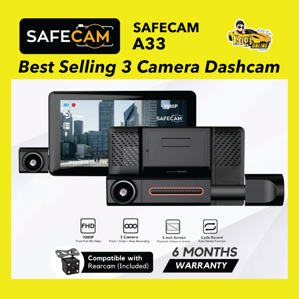 SAFECAM A33 Triple Lens 3 Camera 1080P Dashcam Front Cam + Inner Cam + Rear Cam (4")
