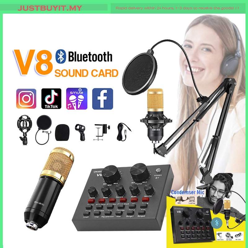 Microphone Condenser V8 Sound Card Headset Recording USB Bluetooth Braodcasting Singing Mikrofone Stand Earphone Karaoke