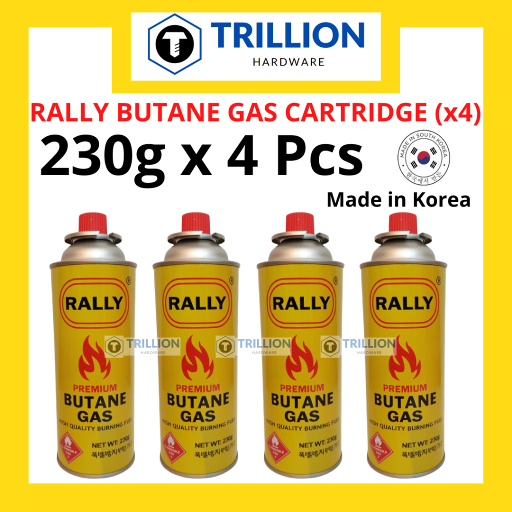 [Ready Stock] RALLY Liquefied Butane Gas x4 Catridge Gas Tin Gas Dapur Gas Torch Gas Steamboat MADE IN KOREA 230g (4Pcs)