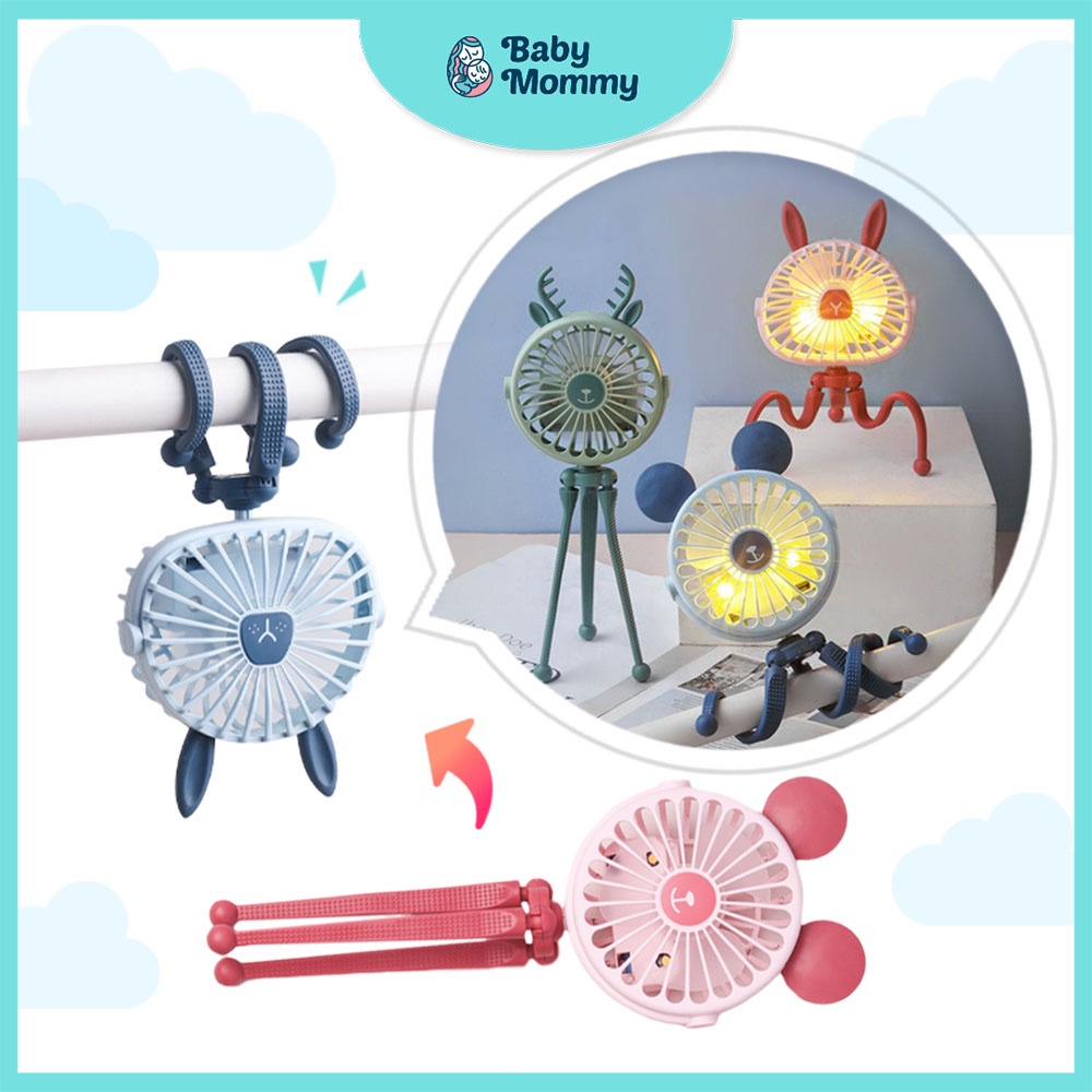 Babymommy👶LED Light Rechargeable USB Fan Stroller Fan Mute Portable Octopus Fan Hand Fan Bladeless Fan Outdoor Kipas