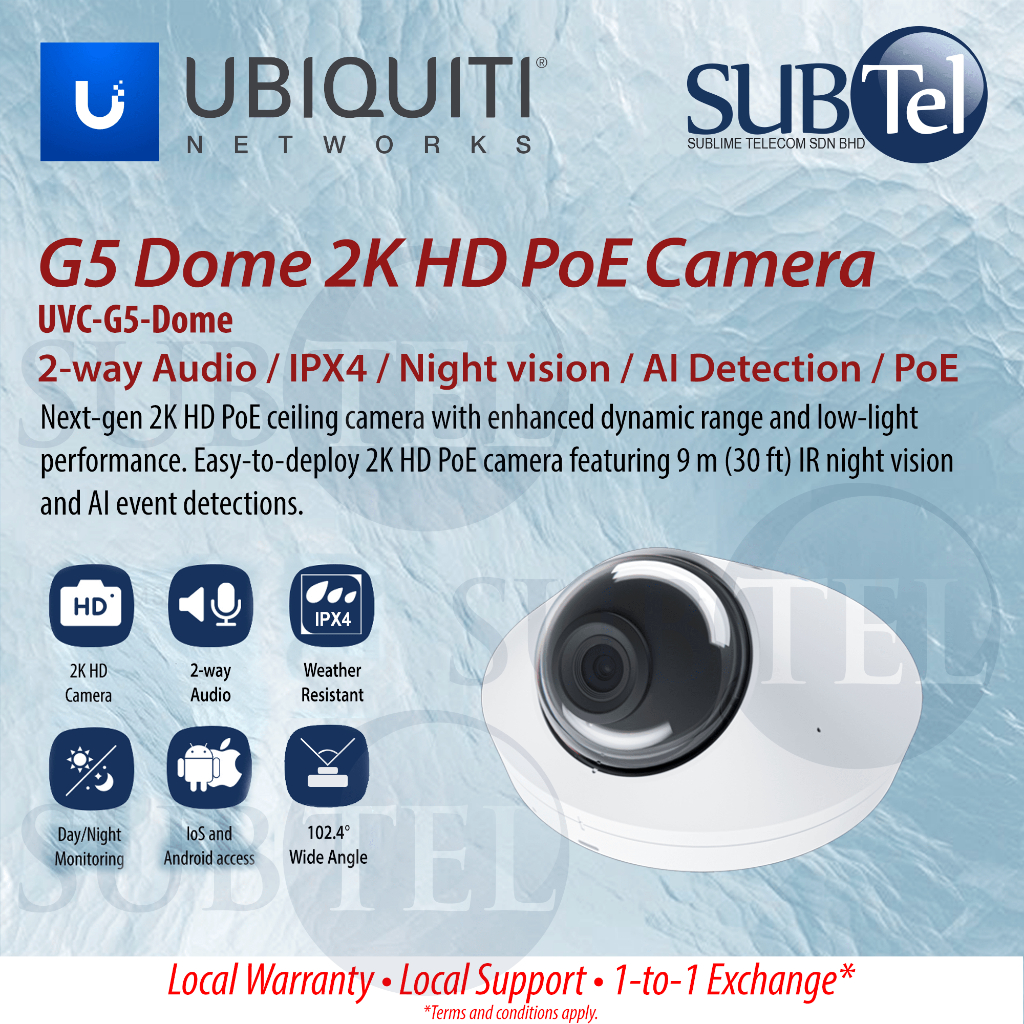 Ubiquiti UVC-G5-Dome G5 Dome 2K PoE Camera 2-Way Audio IPX4 IR Night Vision 9M (30ft) AI Detection