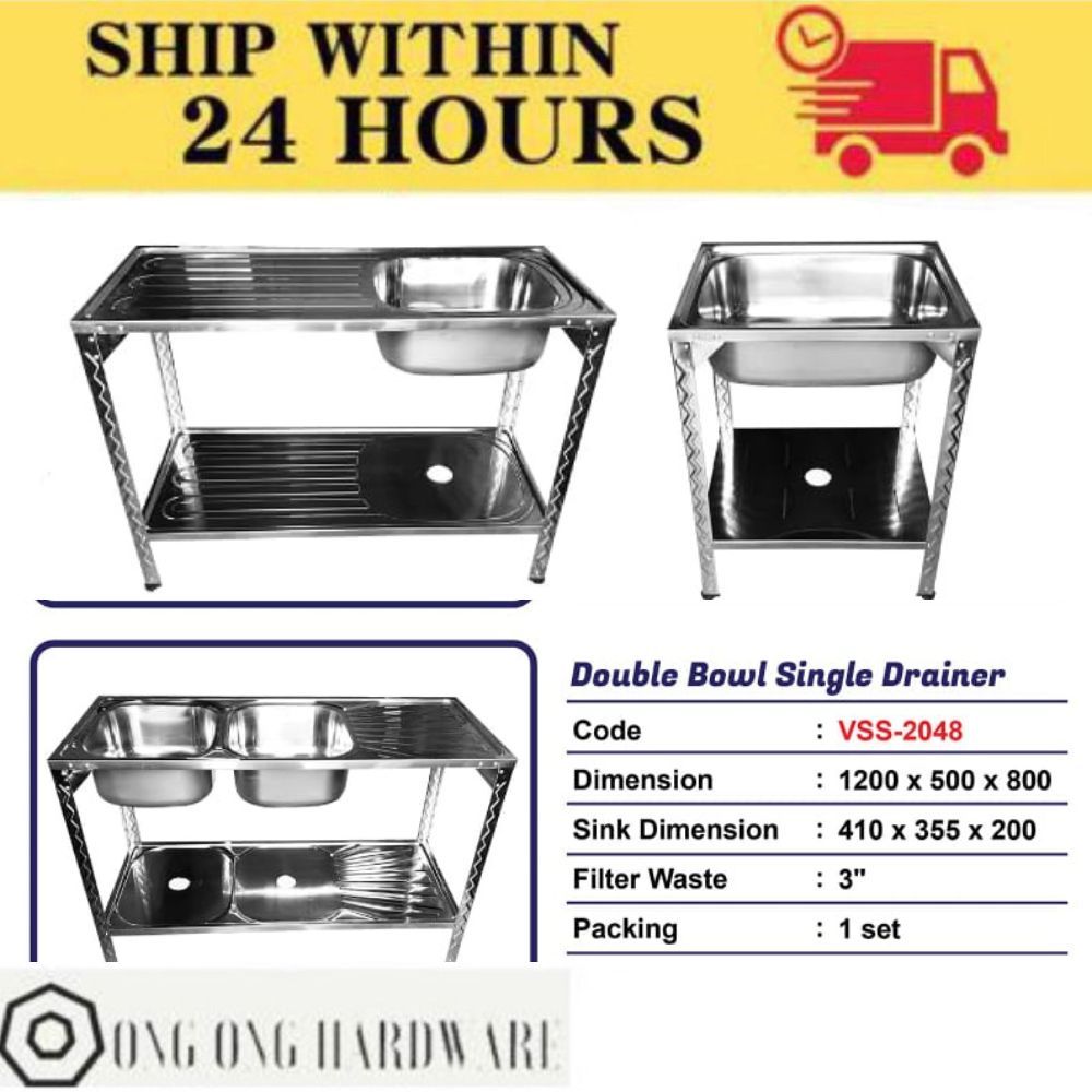 Kitchen Stainless Steel Sink 18'' x 42''with Stand Complete Set Rak Sinki Stainless Steel Dapur Set Dish Washer Rack