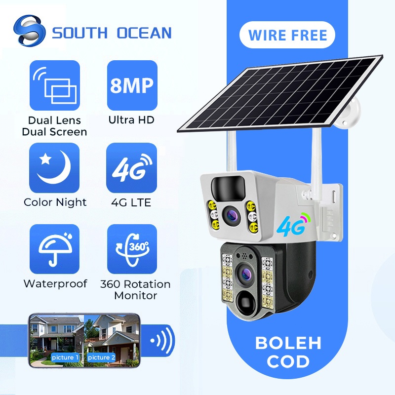 South Ocean Solar 8MP CCTV Wireless Outdoor Dual Lens CCTV 4G SIM Card IP66 Waterproof Battery Low Power Wifi Camera