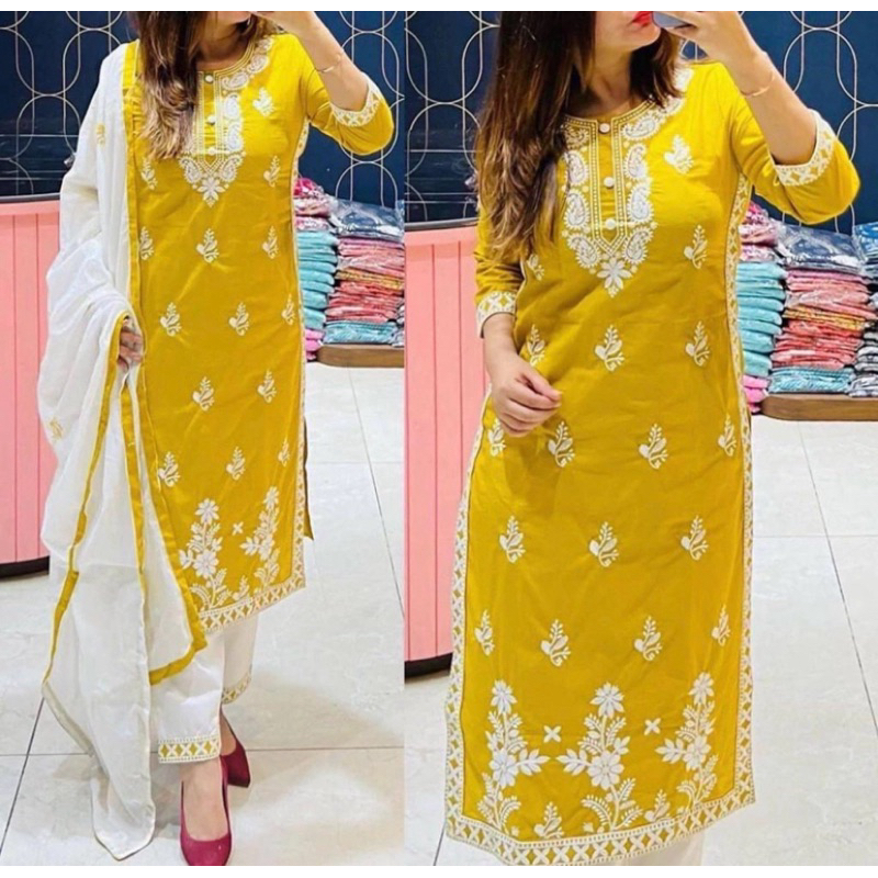 Fast Delivery Readystock Thaipusam attire Rayon Yellow kurti with white design Pants and duppata