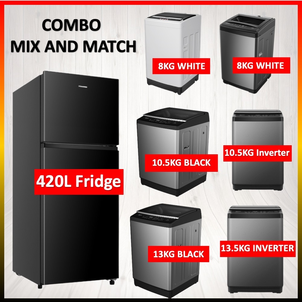 【COMBO】HISENSE (206L / 240L / 320L / 420L ) Twin Door Fridge +  (8KG / 10.5KG / 13KG ) Fully Auto Top Loading Washer