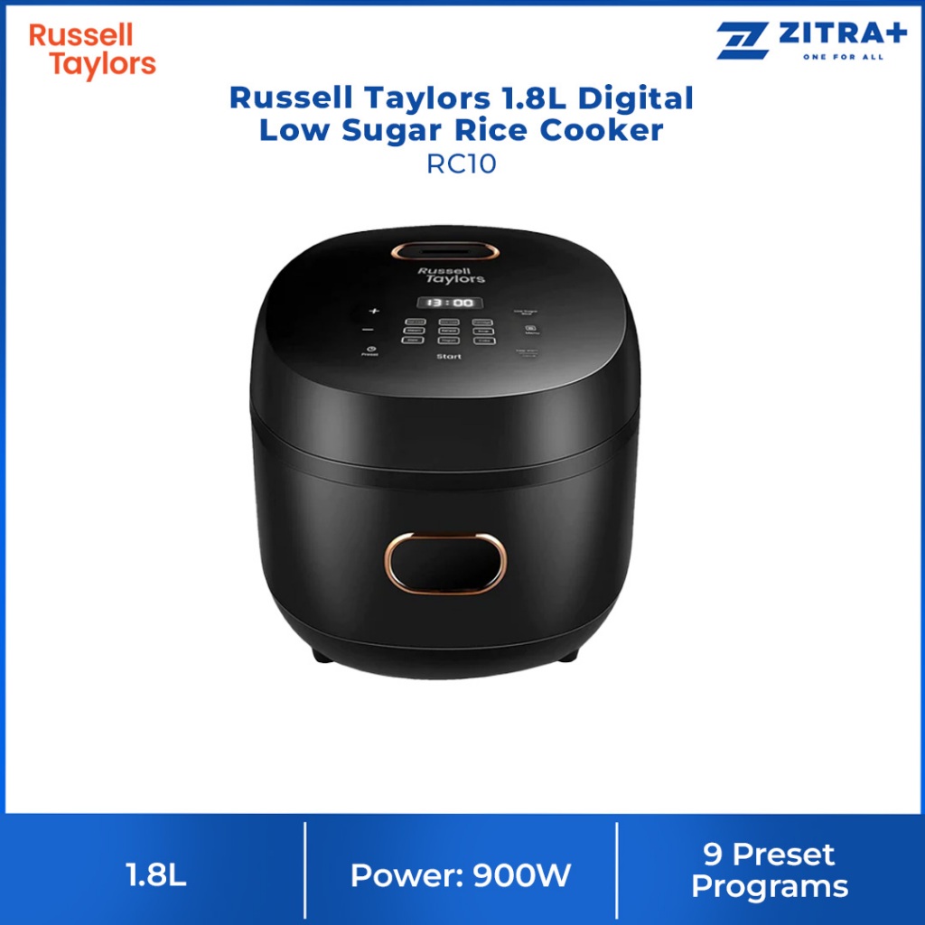 Russell Taylors 1.8L Digital Low Sugar Rice Cooker RC10 | 900W Power | 9 Preset Programs | Cutting Edge Features