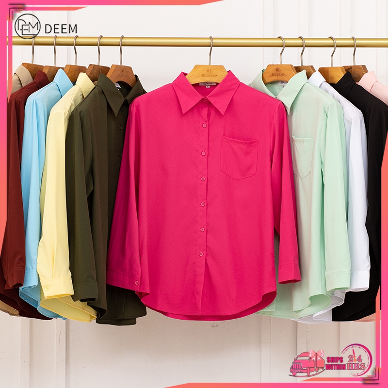 DEEM Top kemeja Perempuan Baju Wanita Lengan Panjang Lapel Pocket Shirt Versatile Loose Casual Long Sleeve Sunscreen