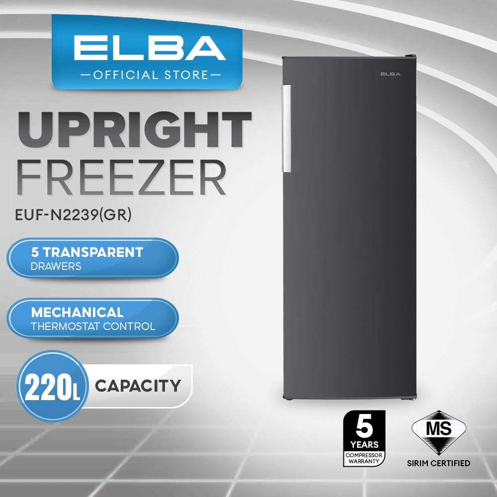 (NEW) ELBA 220L Upright Freezer EUF-N2239(GR) - 5 Transparent Drawers - Grey