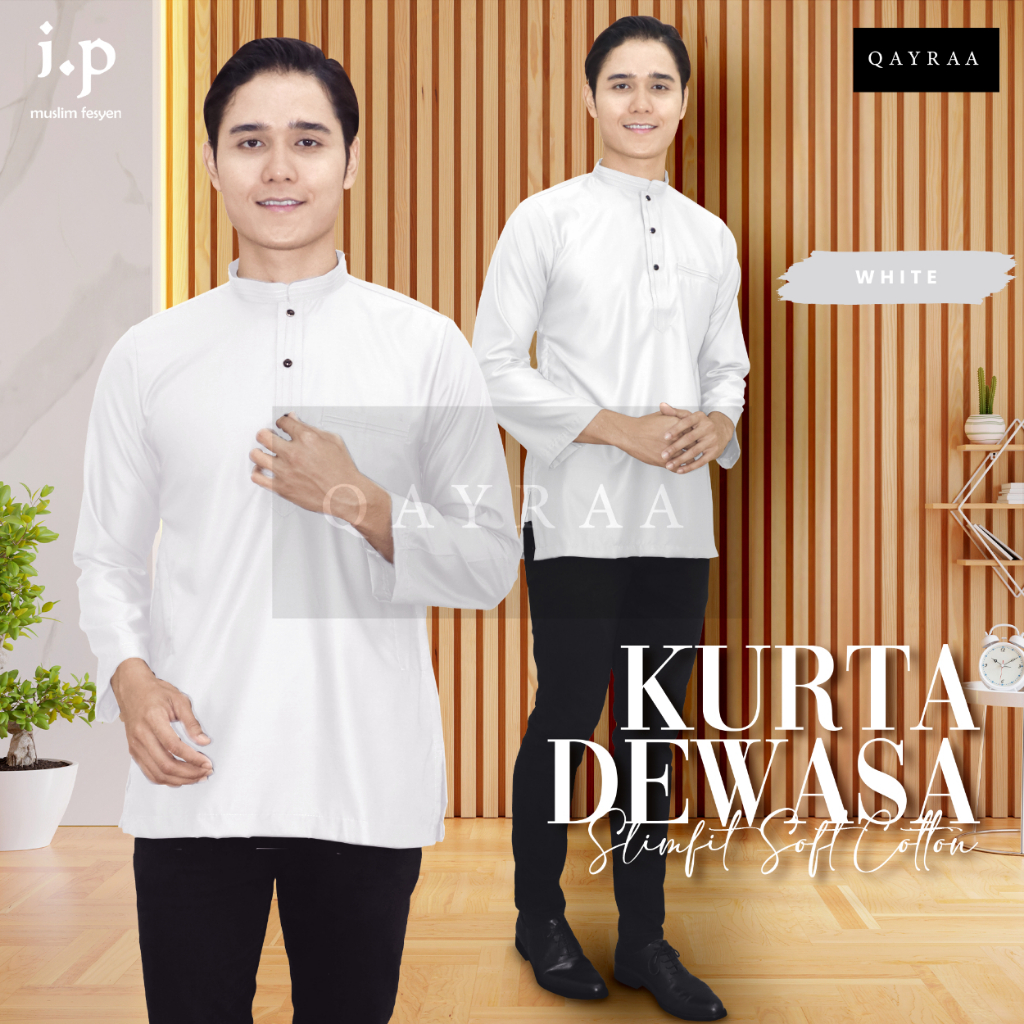 B✨ WHITE BAJU KURTA DEWASA LONG SLEEVE/ KURTA SLIM FIT SOFT COTTON DAN BERKOLAR (S - 2XL ) Baju Raya