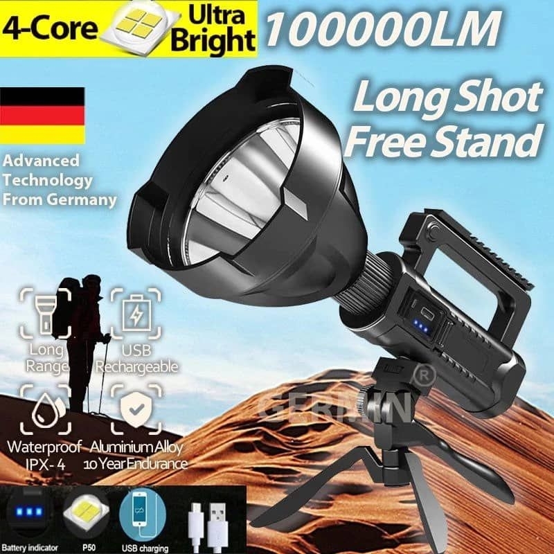 Strong light 10000lm super bright flash light spotight with 720° adjustable stand rechargeable light