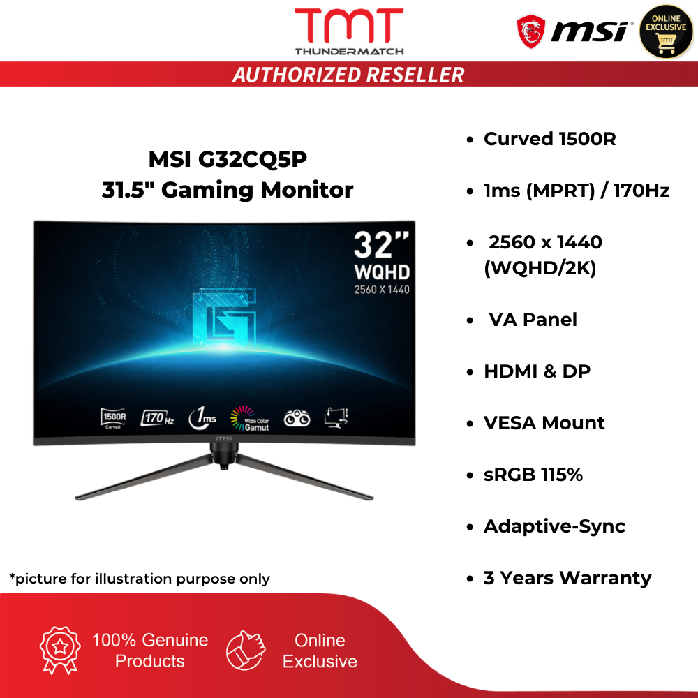 MSI G32CQ5P 31.5" Gaming Monitor | Curved 1500R | 1ms(MPRT) | 170Hz | 2560 x 1440 (WQHD/2K) | VA Pan