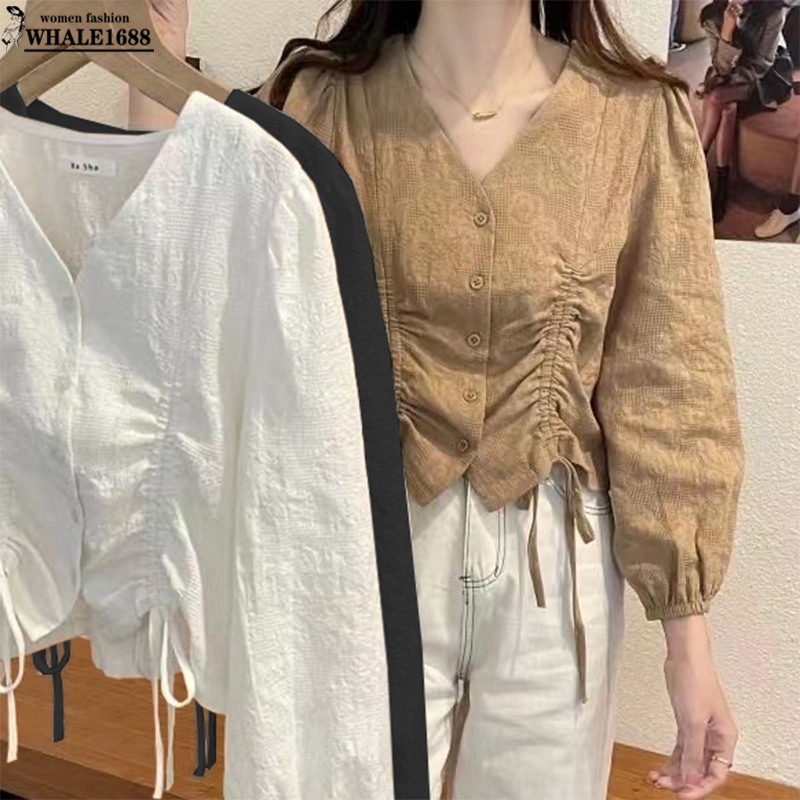 【Ready Stock】Korean Style Women Ladies Loose V Neck Drawstring Long Sleeve Shirt Blouse Baju Baju Wanita Lengan Panjang