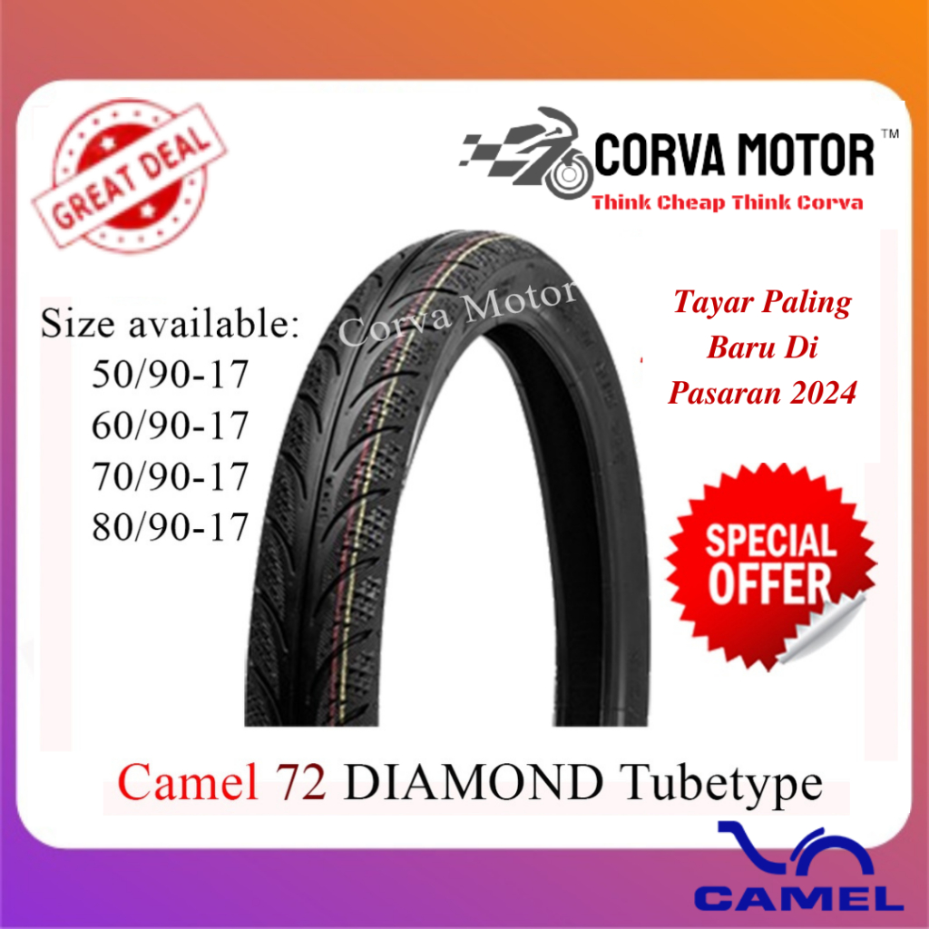 Corva Motor Camel Tyre Cm72 Tubetype Camel Racing Diamond 50/90-17 60/90-17 70/90-17 80/90-17 Maxxis Diamond Tayar Camel